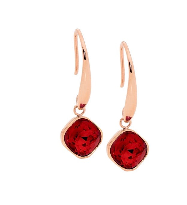 Rose gold Cushion cut red Swarovski Crystal drop Earrings - devine goddess