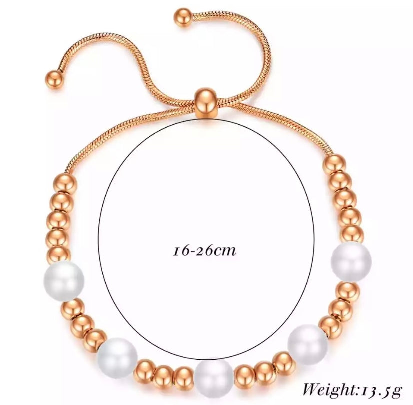 Stainless steel ball & pearl tassel adjustable bracelet - devine goddess