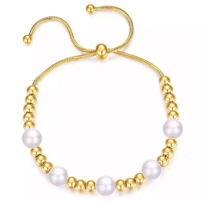 Stainless steel ball & pearl tassel adjustable bracelet - devine goddess