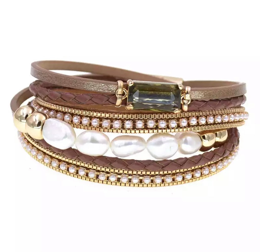 Fresh Water Pearl Crystal and Leather Cuff - devine goddess