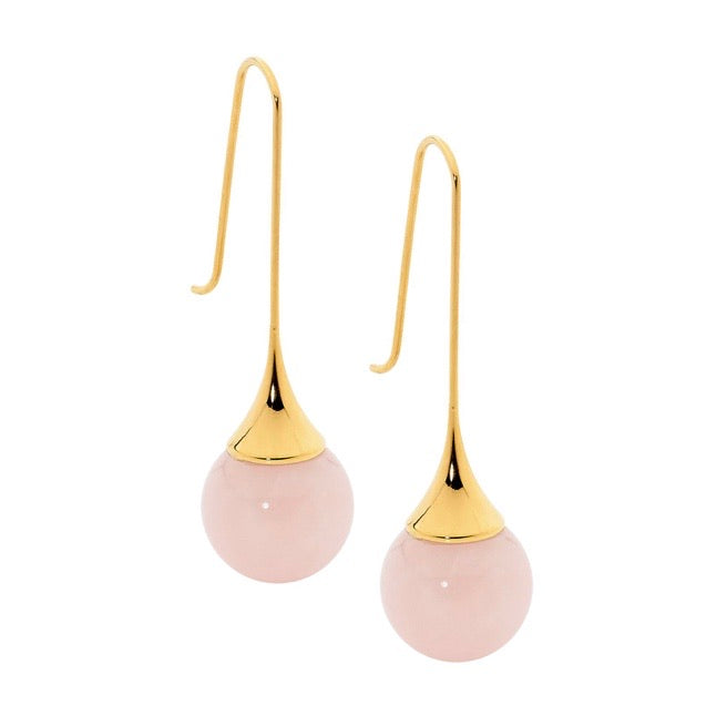Sleek Yellow Gold Rose Quartz long drop Earrings - devine goddess