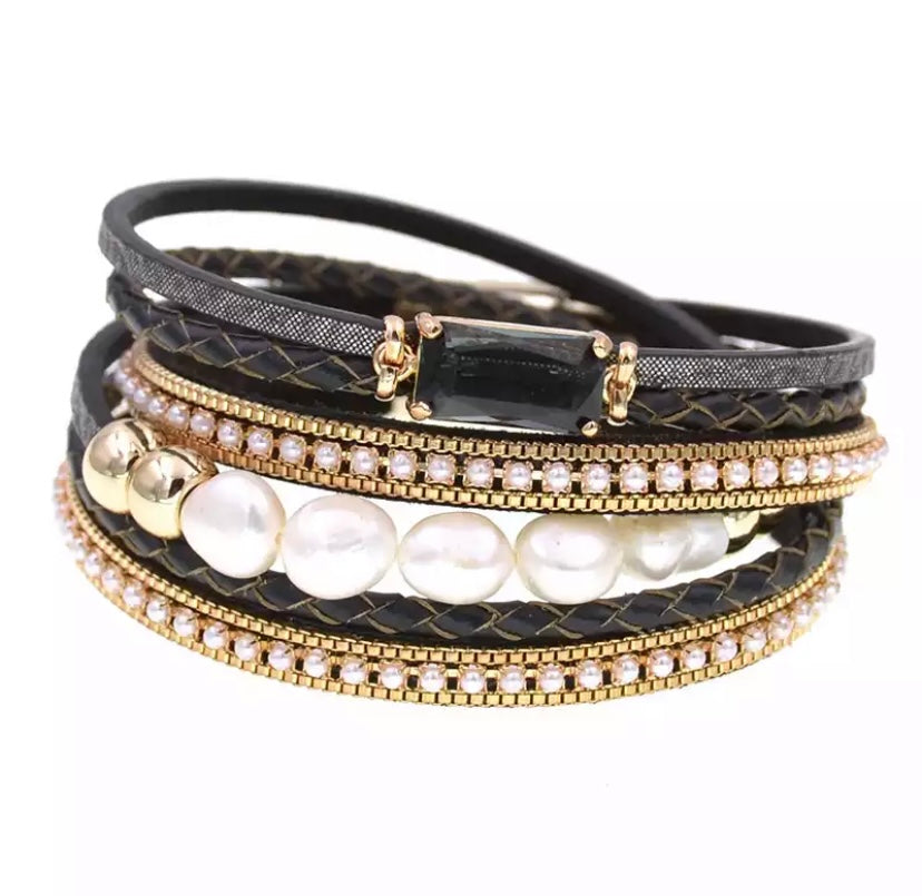 Fresh Water Pearl Crystal and Leather Cuff - devine goddess