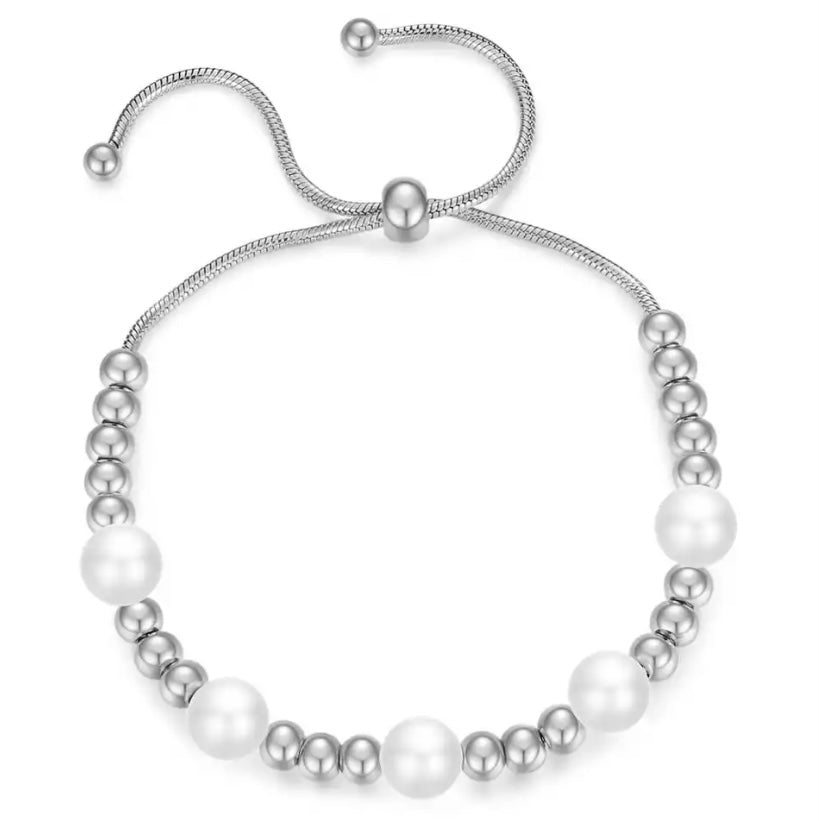 Stainless steel ball & pearl tassel adjustable bracelet - devine goddess