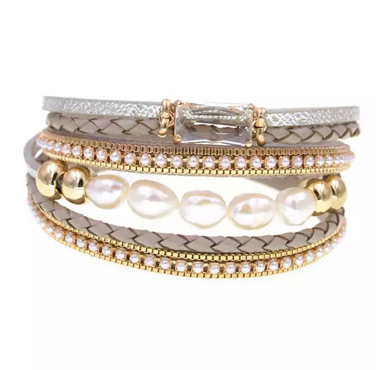 Fresh Water Pearl Crystal and Leather Cuff - devine goddess