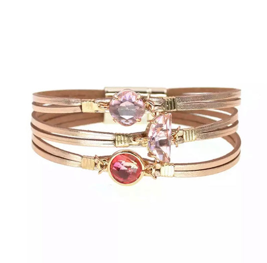 Metallic Rose Gold Leather with Crystals Cuff - devine goddess