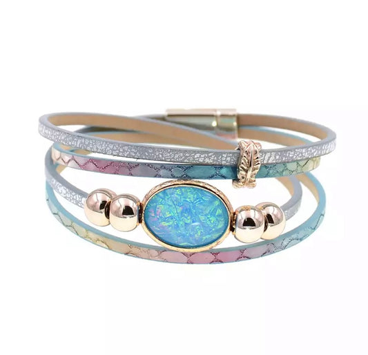 Oval Opalite and Leather Wrap Cuff - devine goddess