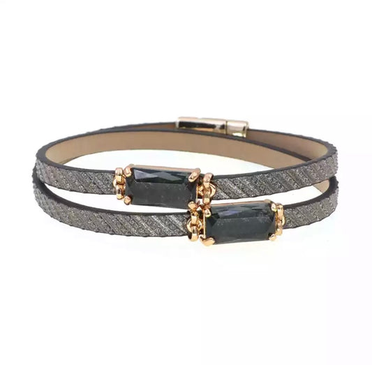 Double Rectangle Crystal Leather Bracelet - devine goddess