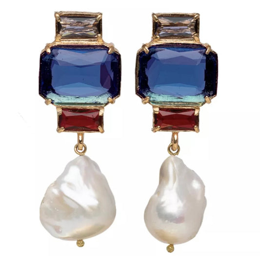Baroque pearl and rectangle Crystal drop Earrings - devine goddess