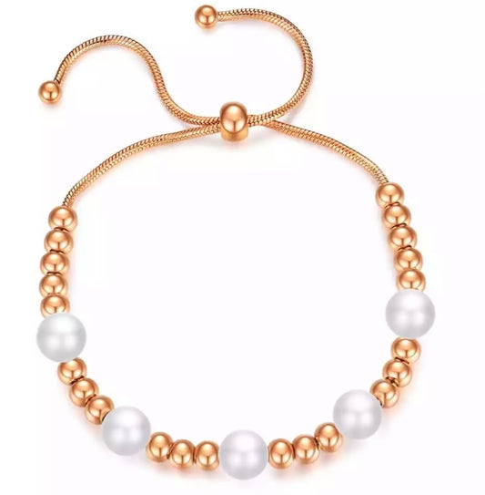 Stainless steel ball & pearl tassel adjustable bracelet - devine goddess