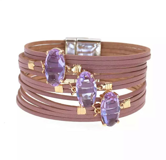 Multi strand Leather with Oval Crystal Cuff - devine goddess